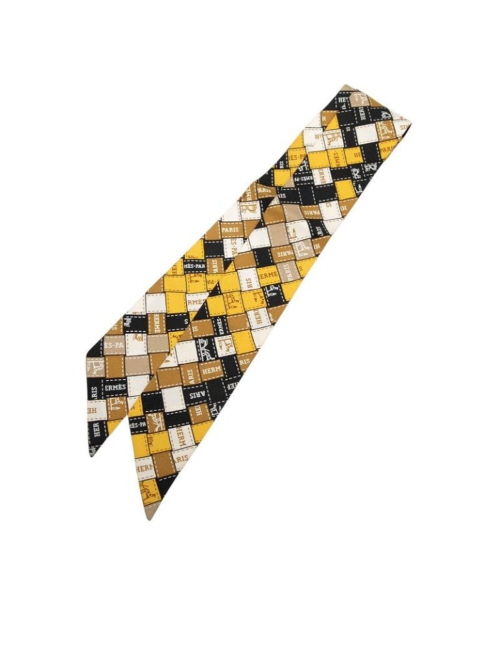 Hermes Twilly Bolduc Scarf Yellow Black Beige Silk